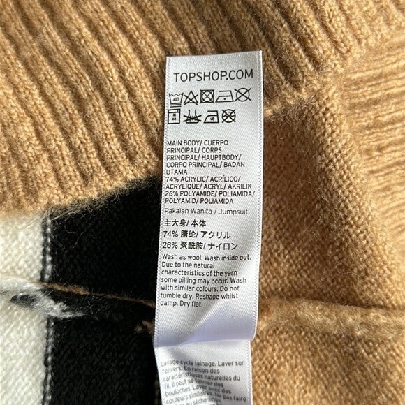 TOPSHOP Women’s Camel Ivory Black Stripes Open Front Cardigan Sweater Size 8 - Picture 11 of 11